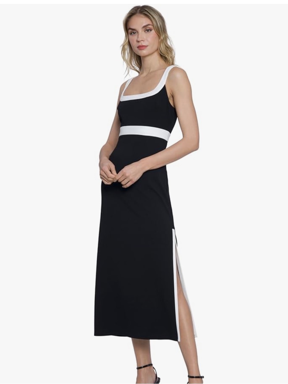 Donna Morgan Black and White Sleeveless Square-Neck Midi Dress